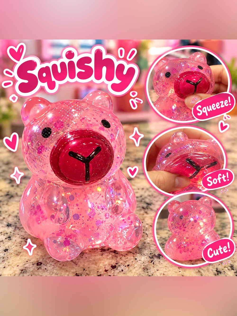 Squishy Glitter Pink Bear Squeeze Toy - Kids Stuffed Animal